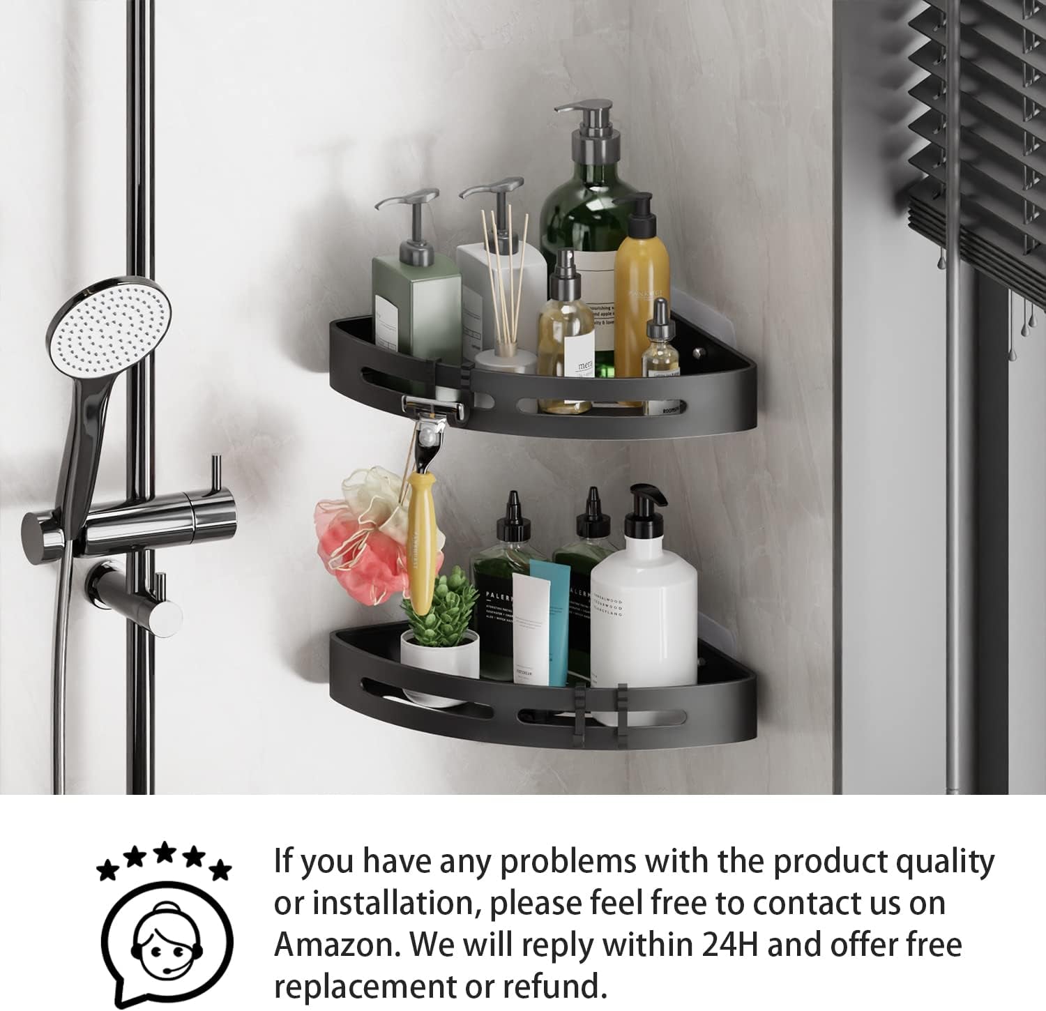 2 Pack Shower Caddy Bathroom Organiser Accessories Bath Products Bath Caddy with Self Adhesive Hanging Shower Shelf Coner Rack for Bathroom Storage with 4 Removable Hooks, Aluminum Black
